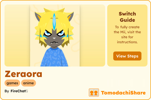 Zeraora, a nonbinary Mii  with tags: games, anime