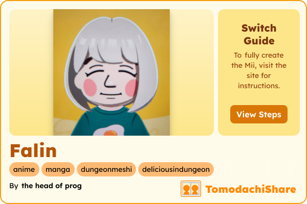 Falin, a female Mii  with tags: anime, manga, dungeonmeshi, deliciousindungeon