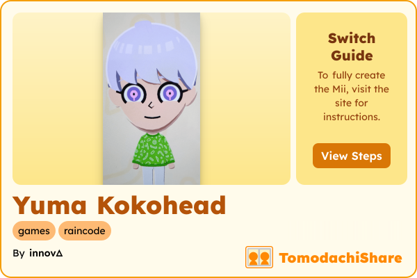 Yuma Kokohead, a male Mii  with tags: games, raincode