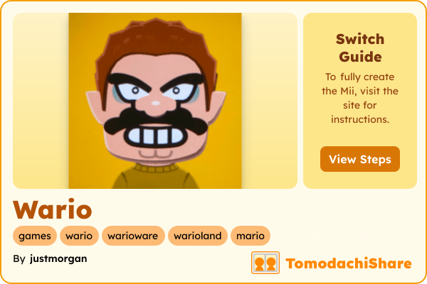 Wario, a male Mii  with tags: games, wario, warioware, warioland, mario