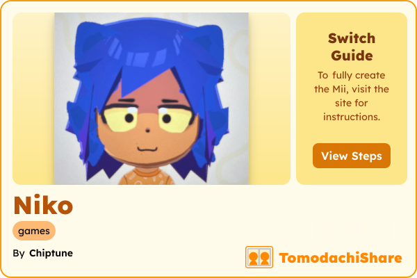 Niko, a nonbinary Mii  with tags: games
