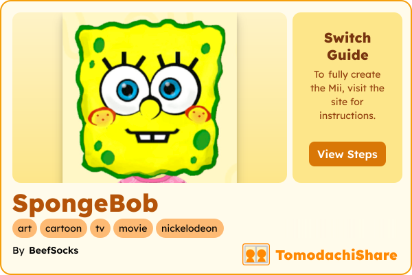 SpongeBob, a male Mii  with tags: art, cartoon, tv, movie, nickelodeon