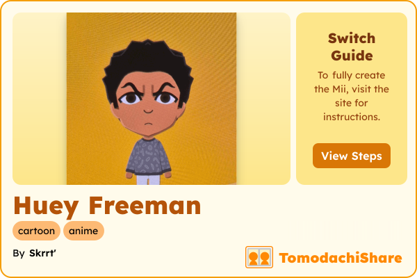 Huey Freeman, a male Mii  with tags: cartoon, anime