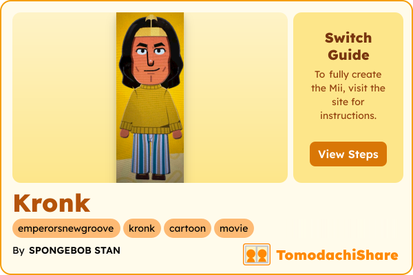 Kronk, a male Mii  with tags: emperorsnewgroove, kronk, cartoon, movie
