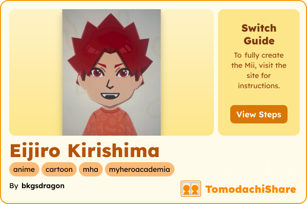 Eijiro Kirishima, a male Mii  with tags: anime, cartoon, mha, myheroacademia