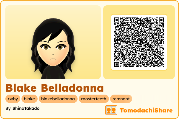 Blake Belladonna, a female Mii  with tags: rwby, blake, blakebelladonna, roosterteeth, remnant