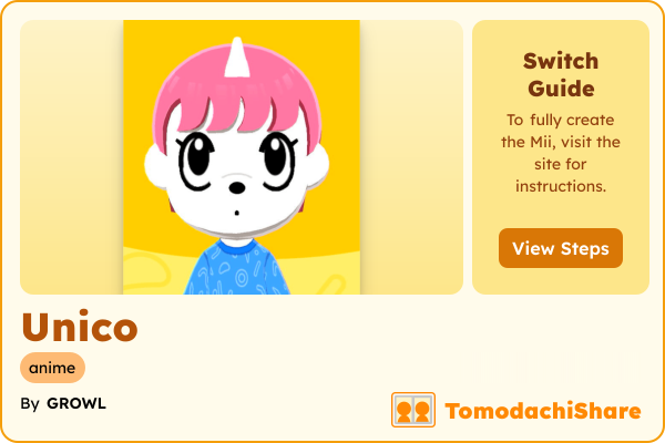 Unico, a male Mii  with tags: anime