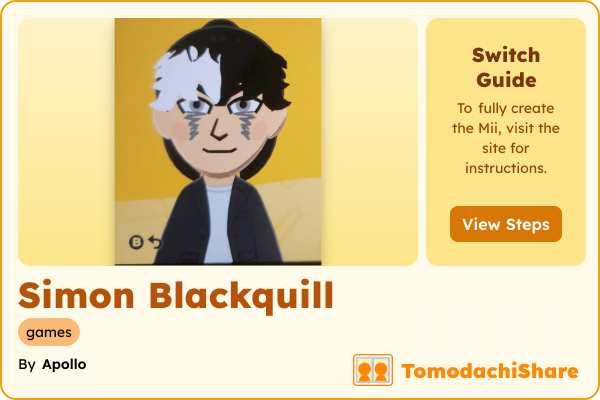 Simon Blackquill, a nonbinary Mii  with tags: games