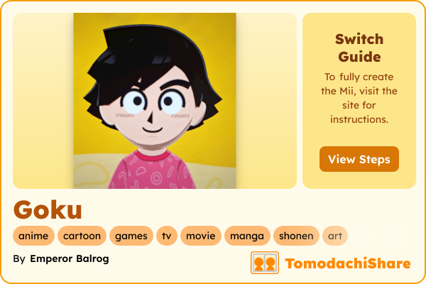 Goku, a male Mii  with tags: anime, cartoon, games, tv, movie, manga, shonen, art
