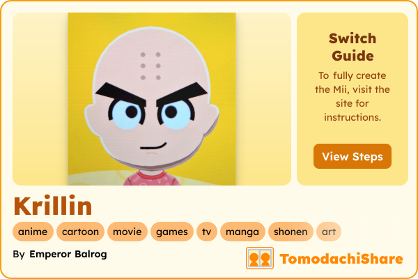 Krillin, a male Mii  with tags: anime, cartoon, movie, games, tv, manga, shonen, art