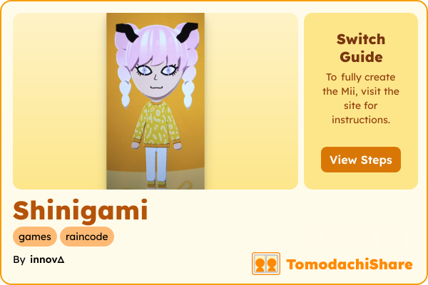 Shinigami, a female Mii  with tags: games, raincode