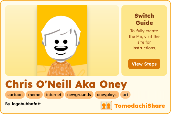 Chris O'Neill Aka Oney, a male Mii  with tags: cartoon, meme, internet, newgrounds, oneyplays, art