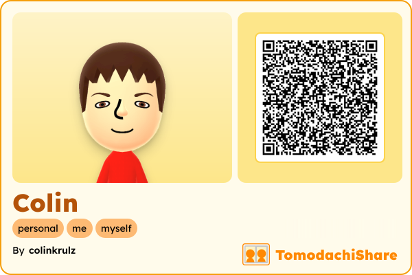 Colin, a male Mii  with tags: personal, me, myself