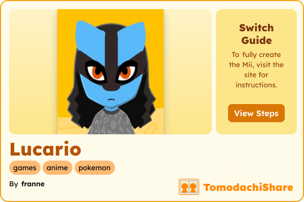 Lucario, a nonbinary Mii  with tags: games, anime, pokemon