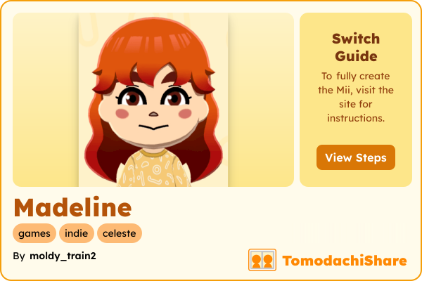 Madeline, a male Mii  with tags: games, indie, celeste