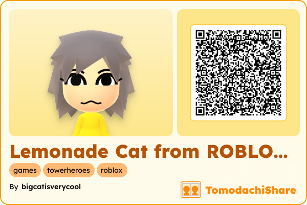 Lemonade Cat from ROBLOX Tower Heroes, a female Mii  with tags: games, towerheroes, roblox
