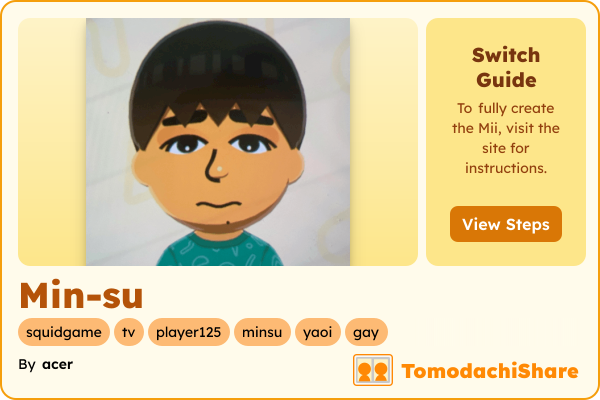 Min-su, a male Mii  with tags: squidgame, tv, player125, minsu, yaoi, gay