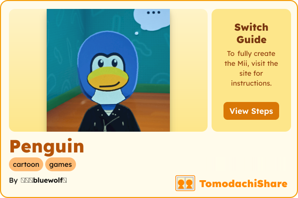 Penguin, a nonbinary Mii  with tags: cartoon, games