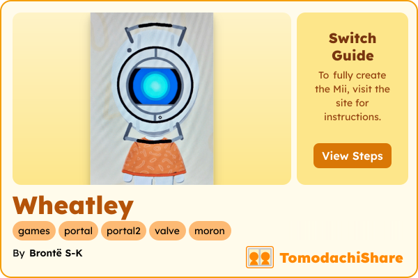 Wheatley, a nonbinary Mii  with tags: games, portal, portal2, valve, moron