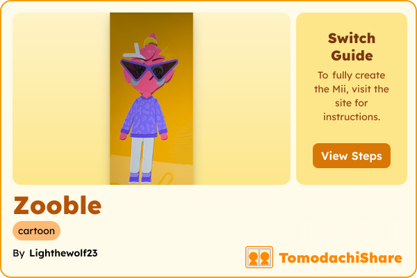 Zooble, a nonbinary Mii  with tags: cartoon