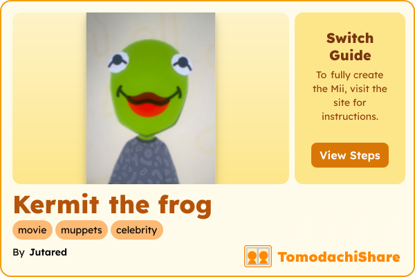 Kermit the frog, a male Mii  with tags: movie, muppets, celebrity