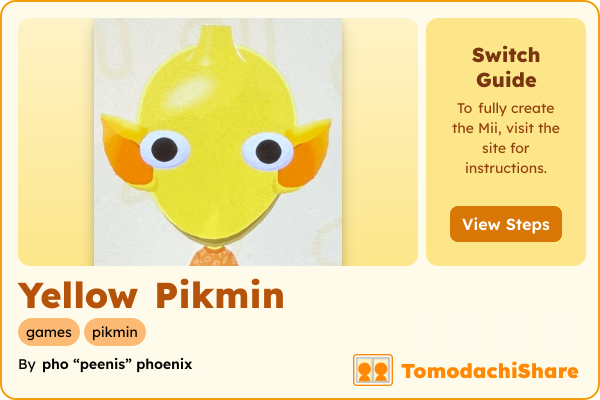 Yellow Pikmin, a nonbinary Mii  with tags: games, pikmin