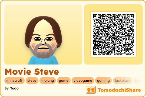 Movie Steve, a male Mii  with tags: minecraft, steve, mojang, game, videogame, gaming, jackblack, movie