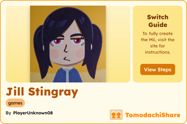 Jill Stingray, a female Mii  with tags: games