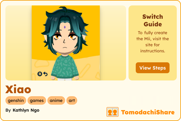 Xiao, a male Mii  with tags: genshin, games, anime, art