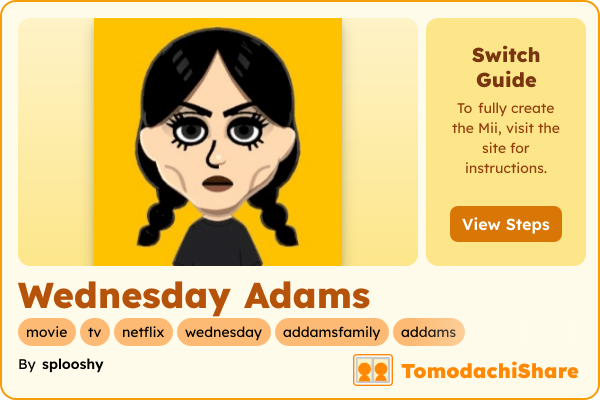 Wednesday Adams, a female Mii  with tags: movie, tv, netflix, wednesday, addamsfamily, addams