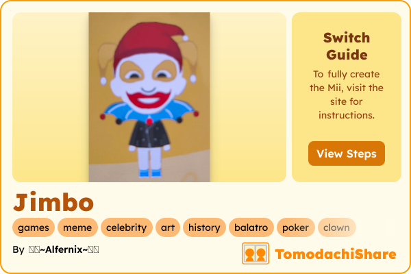 Jimbo, a nonbinary Mii  with tags: games, meme, celebrity, art, history, balatro, poker, clown