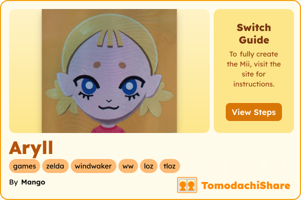 Aryll, a female Mii  with tags: games, zelda, windwaker, ww, loz, tloz