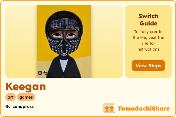 Keegan, a male Mii  with tags: art, games