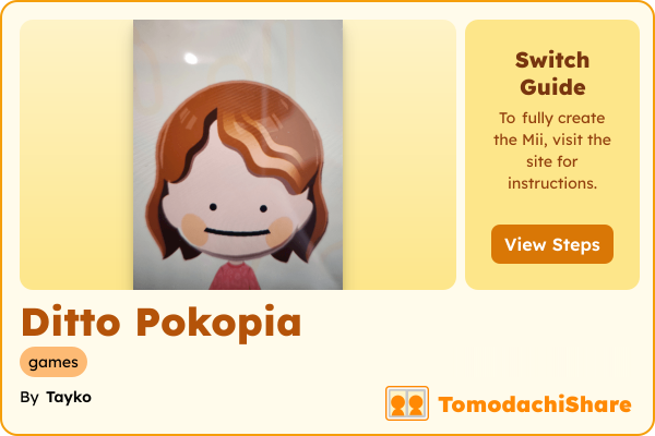 Ditto Pokopia, a nonbinary Mii  with tags: games