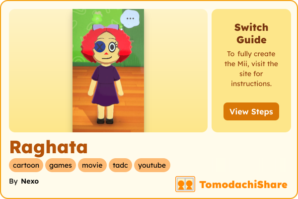 Raghata, a female Mii  with tags: cartoon, games, movie, tadc, youtube