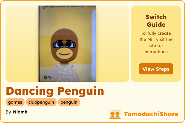 Dancing Penguin, a nonbinary Mii  with tags: games, clubpenguin, penguin