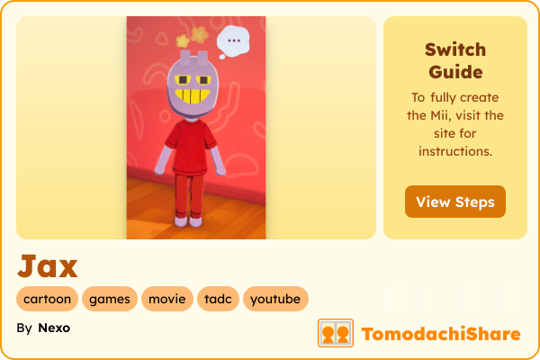 Jax, a male Mii  with tags: cartoon, games, movie, tadc, youtube