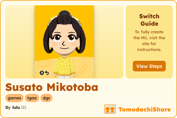 Susato Mikotoba, a female Mii  with tags: games, tgaa, dgs