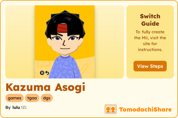 Kazuma Asogi, a male Mii  with tags: games, tgaa, dgs