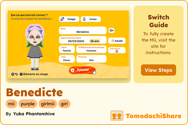 Benedicte, a female Mii  with tags: mii, purple, girlmii, girl