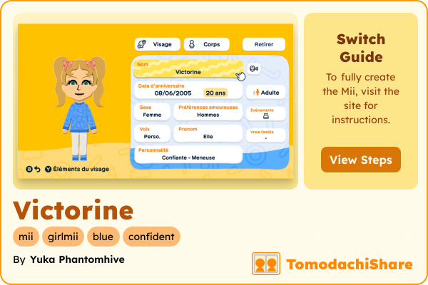 Victorine, a female Mii  with tags: mii, girlmii, blue, confident