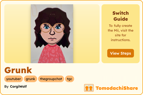 Grunk, a male Mii  with tags: youtuber, grunk, thegroupchat, tgc