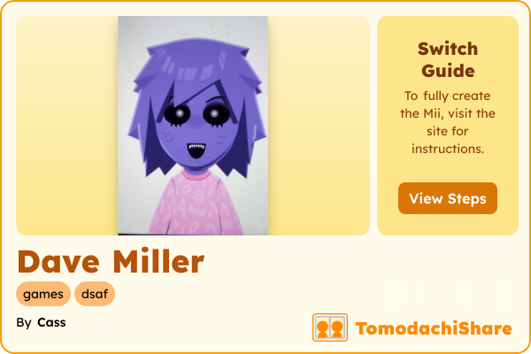 Dave Miller, a male Mii  with tags: games, dsaf
