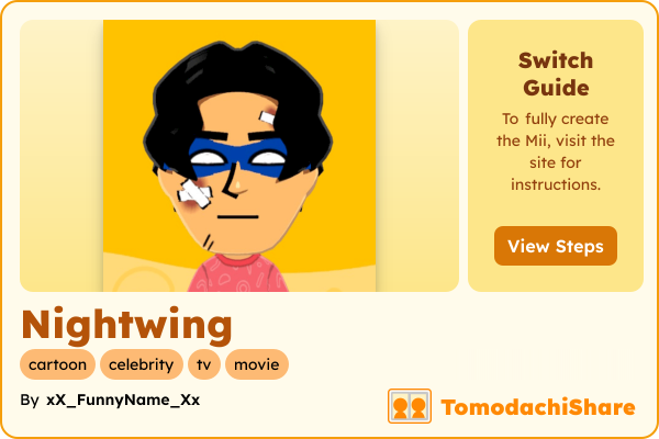 Nightwing, a male Mii  with tags: cartoon, celebrity, tv, movie