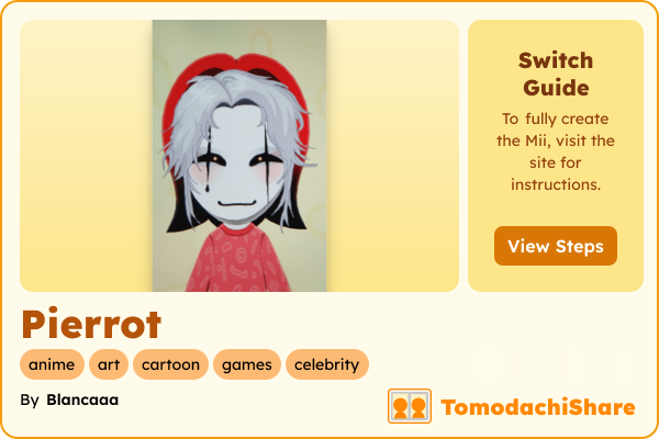 Pierrot, a male Mii  with tags: anime, art, cartoon, games, celebrity
