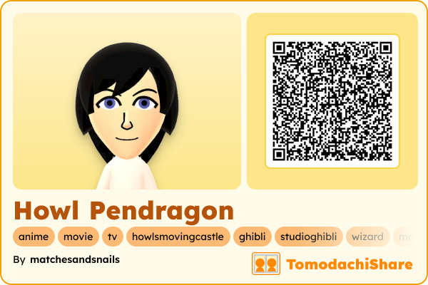 Howl Pendragon, a male Mii  with tags: anime, movie, tv, howlsmovingcastle, ghibli, studioghibli, wizard, magic