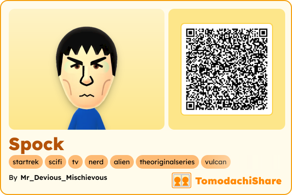 Spock, a female Mii  with tags: startrek, scifi, tv, nerd, alien, theoriginalseries, vulcan