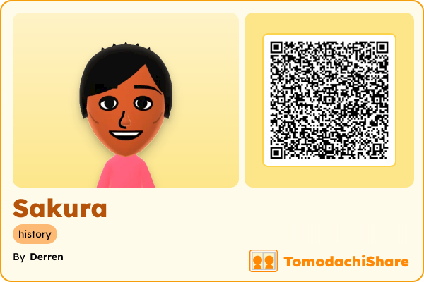 Sakura, a female Mii  with tags: history