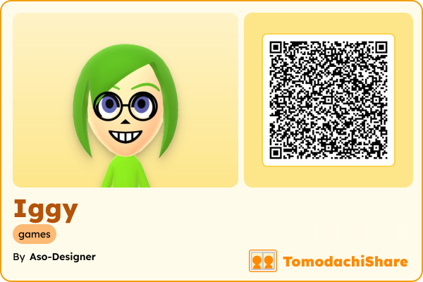 Iggy, a male Mii  with tags: games