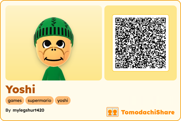 Yoshi, a male Mii  with tags: games, supermario, yoshi